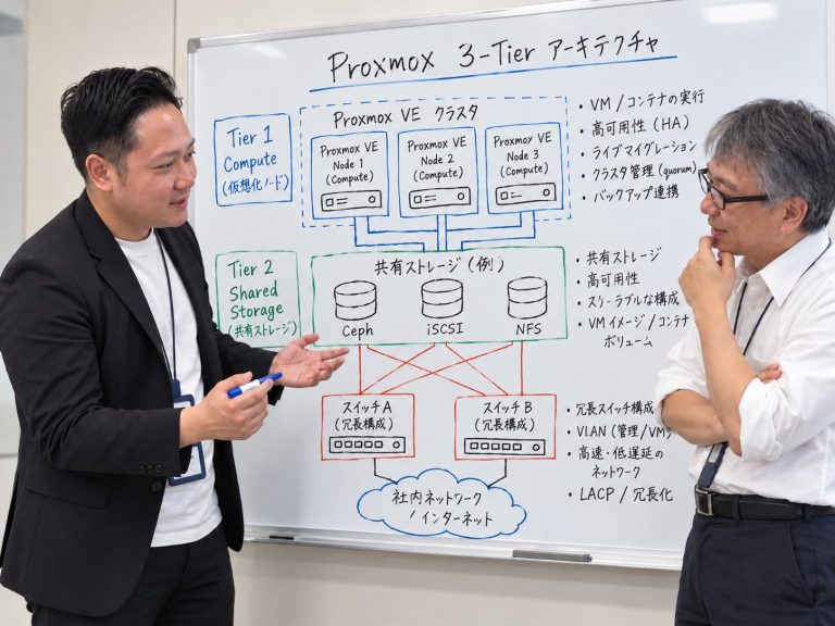 ホワイトボードでProxmox 3-Tierアーキテクチャを説明する三好永那士氏